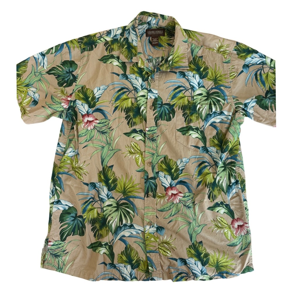 Cooke Street Mens Floral Button Up Shirt L Beige Aloha Hawaiian Tropical Casual